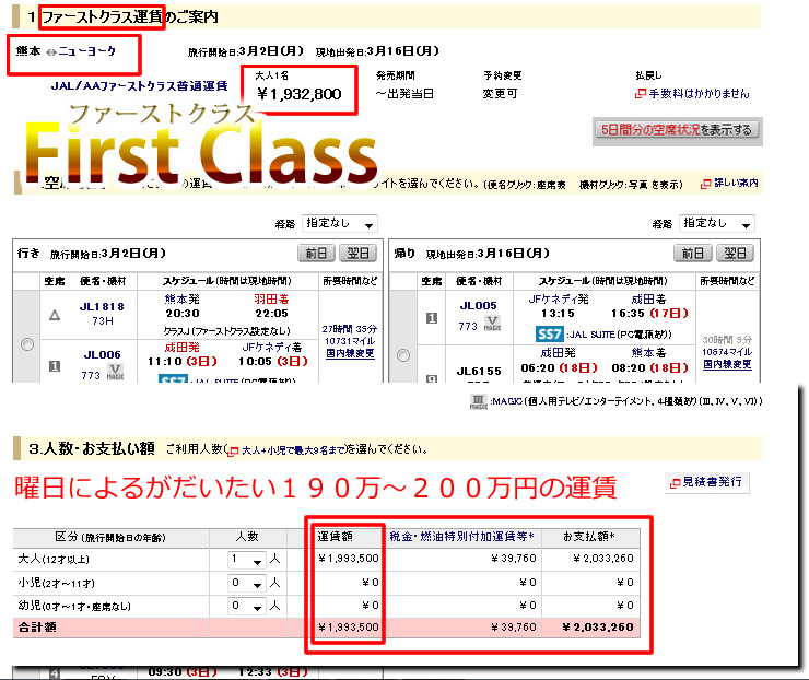 JAL　ファーストクラス　普通運賃 JALマイレージ　JALカード　マイレージ　熊本からニューヨーク　ファーストクラス